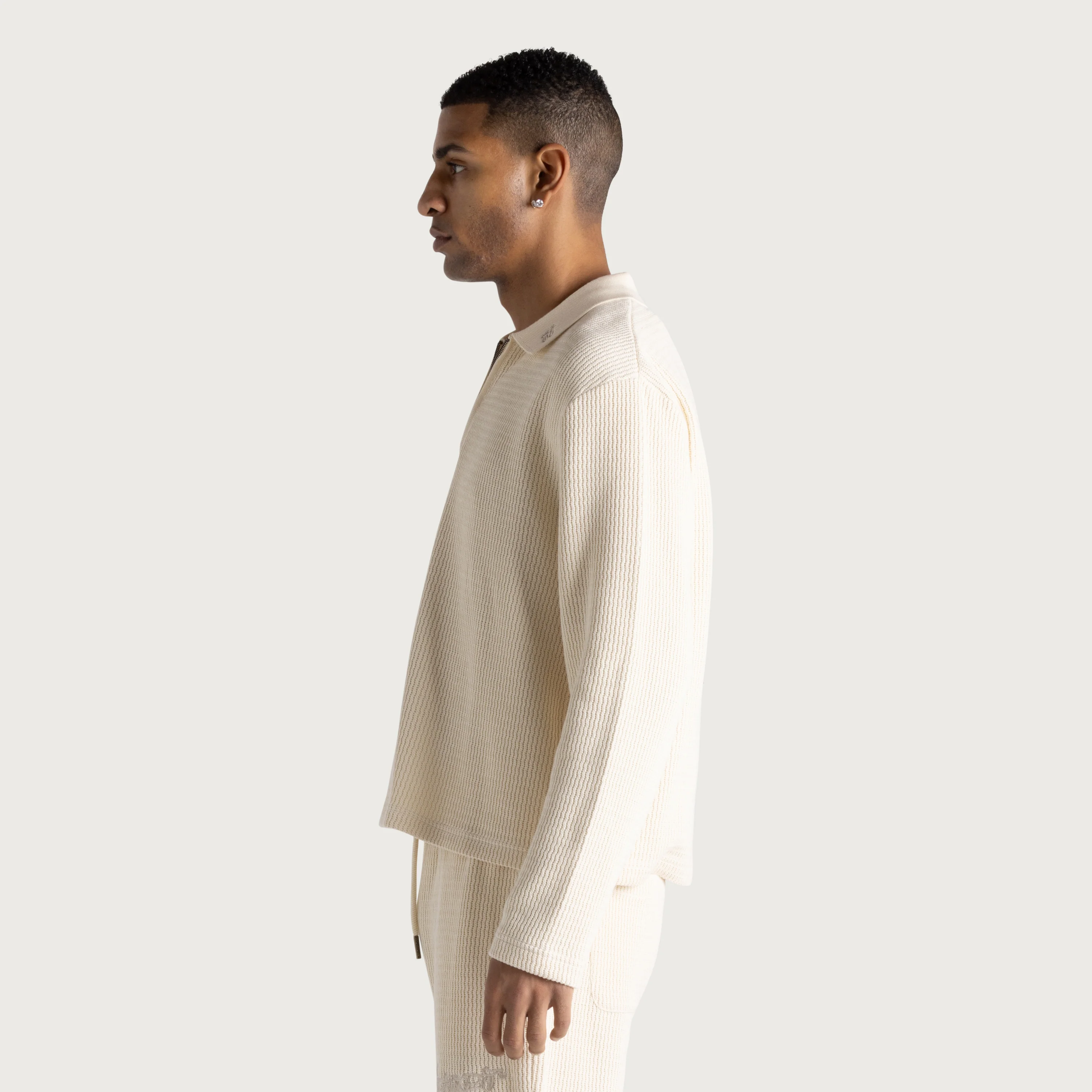 Wavy Knit L/S Polo - Bone - Image 5