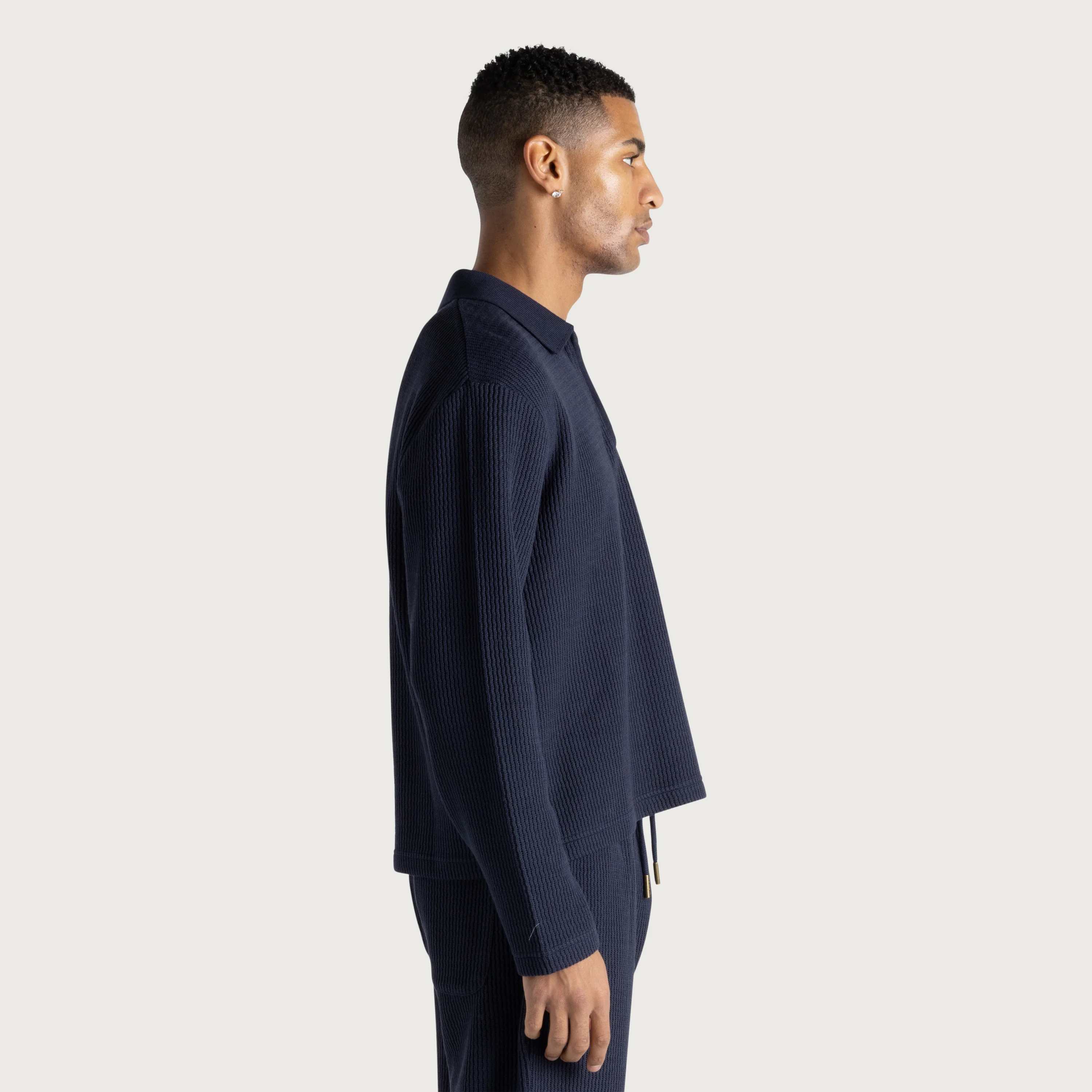 Wavy Knit L/S Polo - Navy - Image 5